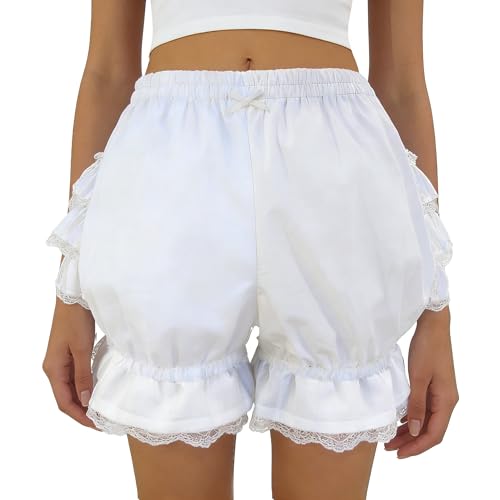 ANDHOM Jester Clown Harlequin Lolita Fancy Ruffle Short Bloomers en dentelle, blanc, XS-S