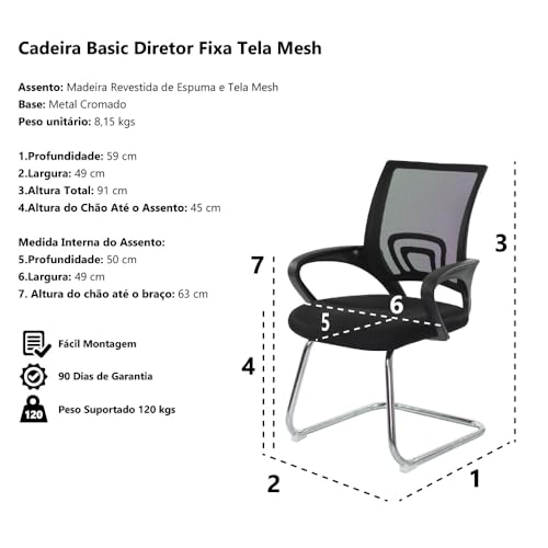 Cadeira Escritório Fixa Tela Mesh Preta Base Cromada