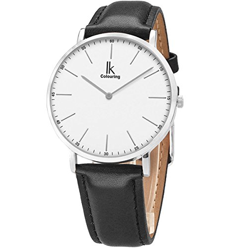 Alienwork IK Slim Ø36 mm zegarek męski damski ultra cienki skórzany pasek, srebrny / srebrny biały / czarna skórzana bransoletka, pasek