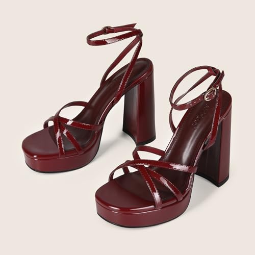 Image of Platform Heels for Women Strappy Chunky Heels Thick High Heel | Lace Up High Heel Sandals Square Open-Toe Tall Wide Block Sandal Wedding Party Evening Prom Dance Dress Shoes
