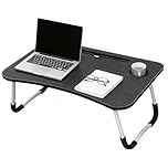Unibos Foldable Laptop Table for Bed with Drawer, Cup Holder & Tablet Slot – Portable Lap Desk Tray, MDF Wooden Bed Table with Anti-Slip Legs for Sofa, Work, Gaming, Breakfast & Study