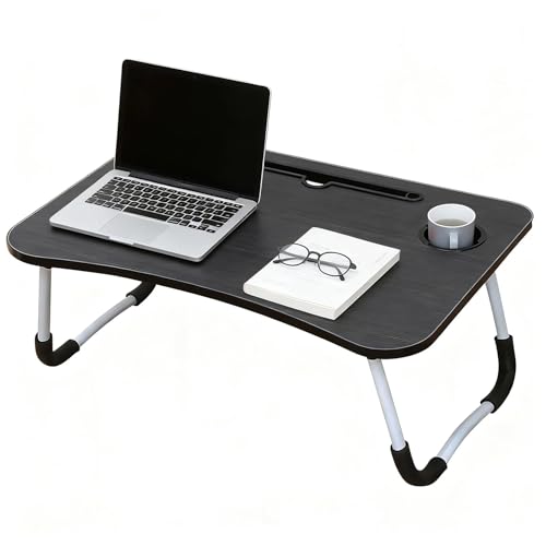 Image of Unibos Foldable Laptop Table for Bed with Drawer, Cup Holder & Tablet Slot – Portable Lap Desk Tray, MDF Wooden Bed Table with Anti-Slip Legs for Sofa, Work, Gaming, Breakfast & Study