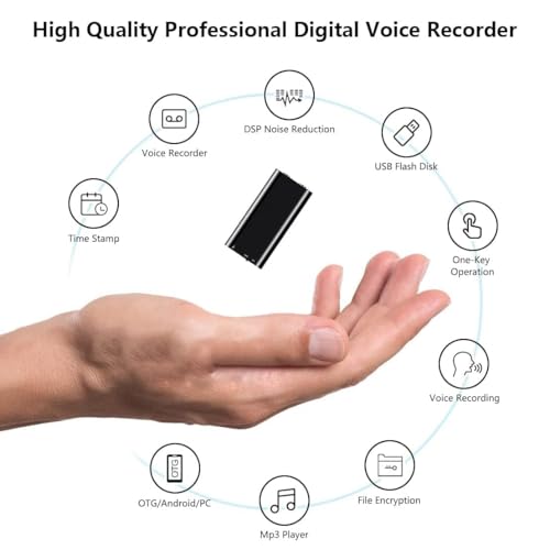 مسجل صوتي، مسجل صوتي نشط، تسجيل مستمر لمدة 20 ساعة، ذاكرة تسجيل 1000 ساعة، جودة صوت HD، للاجتماعات والمحاضرات والمقابلات والدروس والحفلات الموسيقية (16GB)