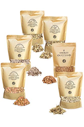 Smokey Olive Wood 6x 1700mL smoking chips: olive, almond, orange, holm oak, lemon and walnut wood. Size Nº2: 0,5-1cm