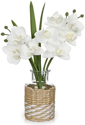 Oairse White Orchids Artificial Flowers with Vase, Small Faux Orc...