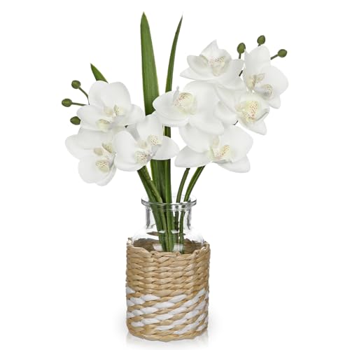Arborus Orquídea artificial en cristal, 29 cm, flores artificiales con cesta trenzada, flores artificiales como auténticas, pequeñas flores decorativas para mesa, estantería, alféizar de ventana