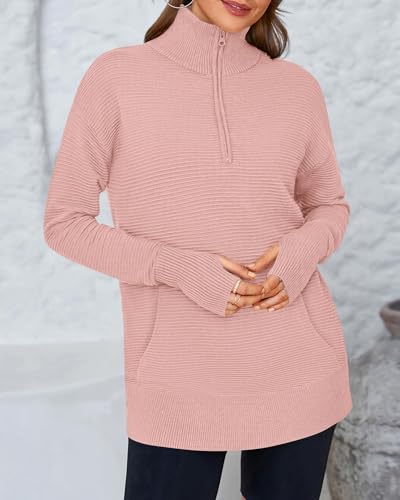 BTFBM Sweaters for Women Fall Clothes 2026 Pocket Quarter Zip Pullover V Neck Long Sleeve Knit Trendy Winter Sweater(Pink, Large) — view 5