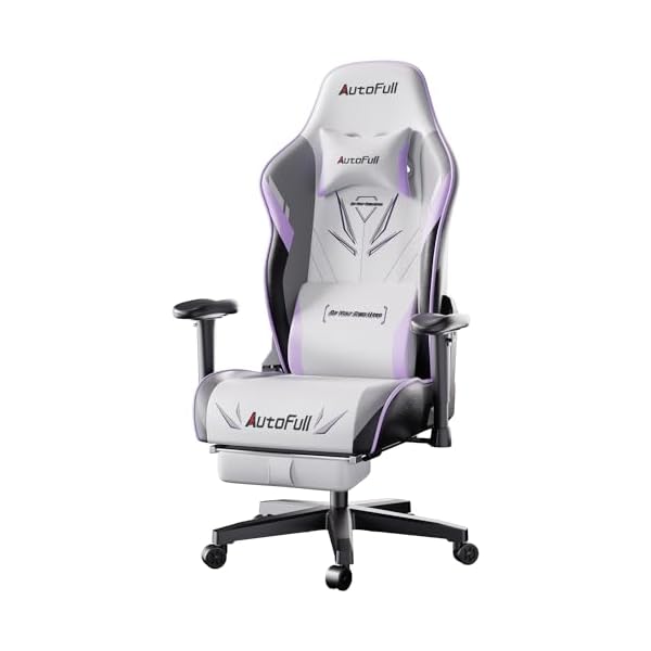 AutoFull C3 Gaming Chair, Ergonomic Wingless Cushion Computer Chair,PU Leather Racing Style Office Chair with Lumbar Support Pillow and Footrest,White