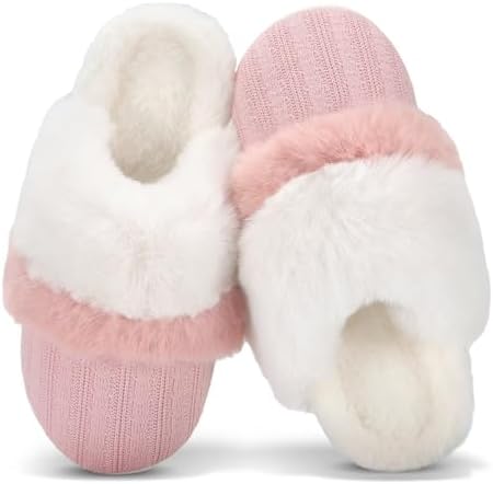 NineCiFun Women's Two-Tone Fuzzy Collar House Slippers Memory Foam Plush Faux Fur Lining