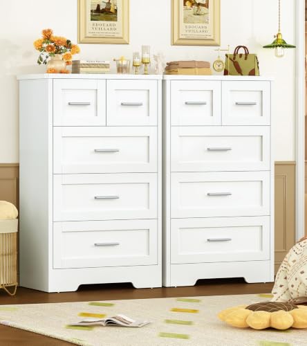 Image of TEENFON Tall White Dresser for Bedroom, Modern 5 Drawer Dresser with Metal Handles, Wood Dressers & Chest of Drawers, Wooden Closet Clothes Storage Organizer for Bedroom, Living Room, Hallway, White