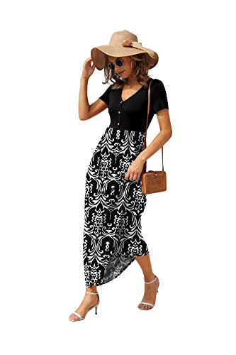 Image of GRECERELLE Womens Summer Long Maxi Dresses 2026 Short Sleeve V Neck Casual Button Dress with Pockets