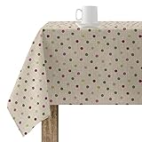 USO INTERIOR Y EXTERIOR: El Mantel de mesa se limpia fácilmente con una bayeta húmeda gracias al acabado del tejido resinado y queda listo para el siguiente uso. Al ser un mantel impermeable podemos usarlo para el exterior.