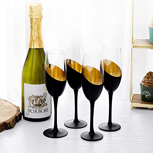Mygift Vintage Brass Tone Metal & Shabby Whitewashed Wood Pedestal Display Riser Stands And Modern Stemmed Champagne Flutes 8 Oz Black And Gold Plated Party And Wedding Drinking Glasses #TOP6