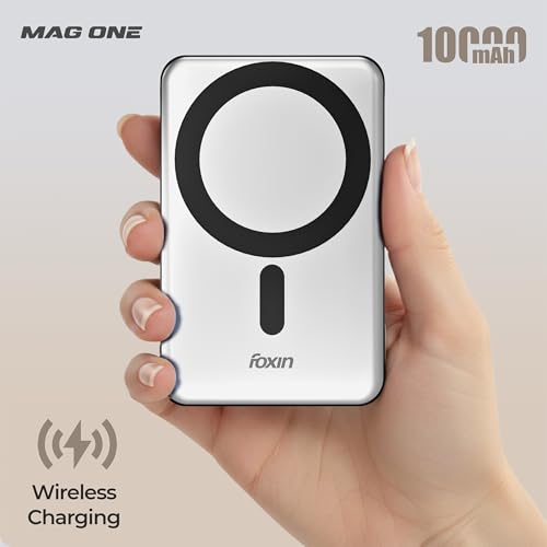 Image of Foxin Mag One Wireless 10000mAh Fast Charging Power Bank with Metal Stand | USB Type C Input & Output, 22.5W Portable Charger for iPhone 12 & Above, Android & Qi Enabled Devices | Pearl White