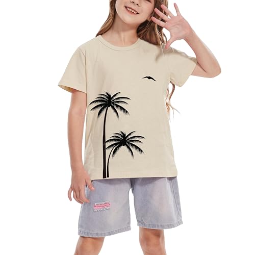 Image of Girls Hawaiian Print Beach T-Shirt Crew Neck Tops Summer Casual Short Sleeve Vacation Tees for Kids Teen 1-14 Years