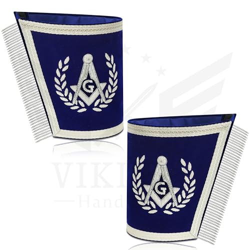 Master Mason Masonic Cuffs – Blue Velvet with Gold or Silver Embroidery | Square & Compass G | Pair with Fringe3