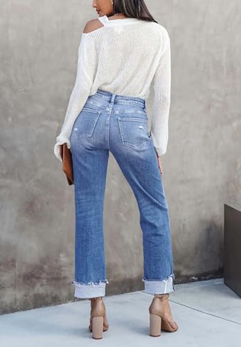 AIIYYQB Womens Ripped Crossover Distressed Boyfriend Jeans Straight Leg Cuffed Wash Denim Pants