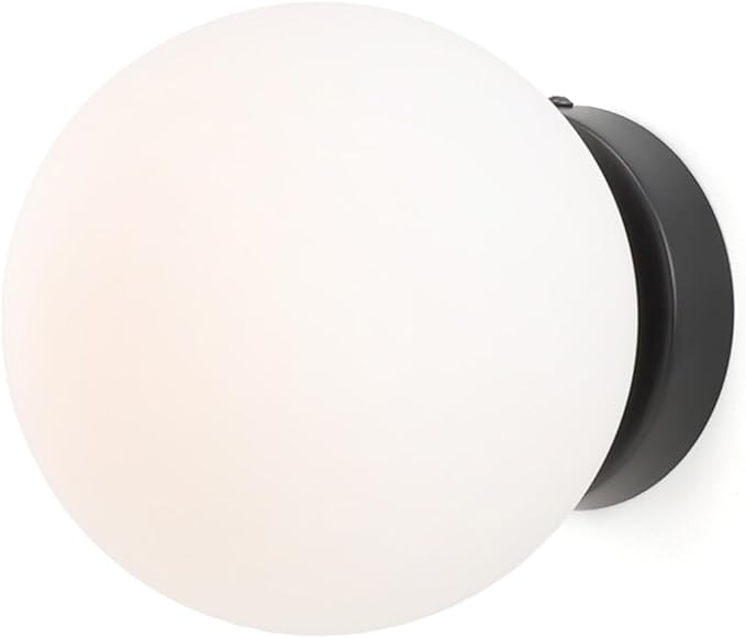Alpinaluz Alpinaluz Wandlamp met opaalglazen bol en lamphouder E27, zwarte metalen sokkel, elegante stijl, voor plafond, muur, woonkamer, eetkamer, hal
