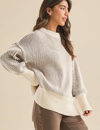 Image of Faleave Women's Fashion Sweater Fall Casual Long Sleeve Ribbed Knit Crew Neck Pullover Sweaters Blouse Tops