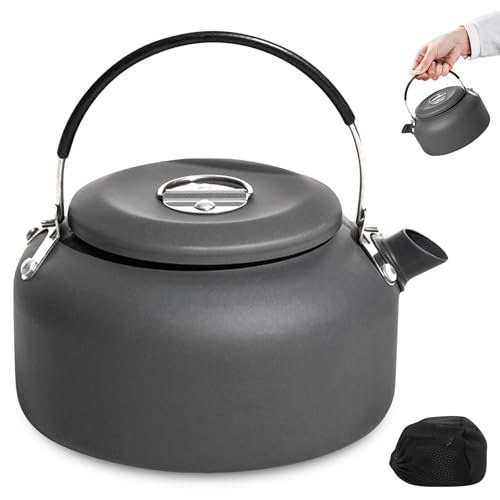 PORFOYO Bollitore portatile da campeggio, 1,4 l, bollitore da campeggio, bollitore da tè, teiera con manico anti caldo, per interni, esterni, campeggio, picnic, escursionismo, nero