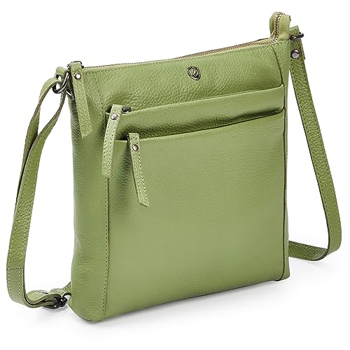 Leather Crossbody Bags for Women Small Genuine Nappa Purse Multi-Zip Travel Sling Shoulder Handbag Adjustable Strap (Sage Nappa)