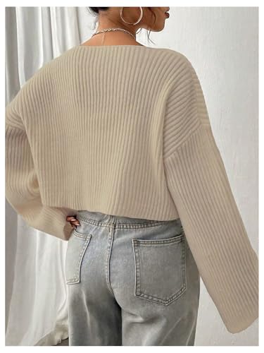 Image of Floerns Women's Long Sleeve Cropped Fall Pullover V Neck Drop Shoulder Rib Knit Sweaters Top