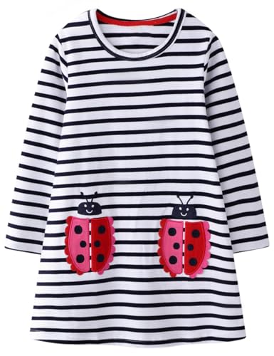 Image of Hongshilian Toddler Girls Longsleeve Dress Cotton Jersey Casual Dresses Cartoon Applique