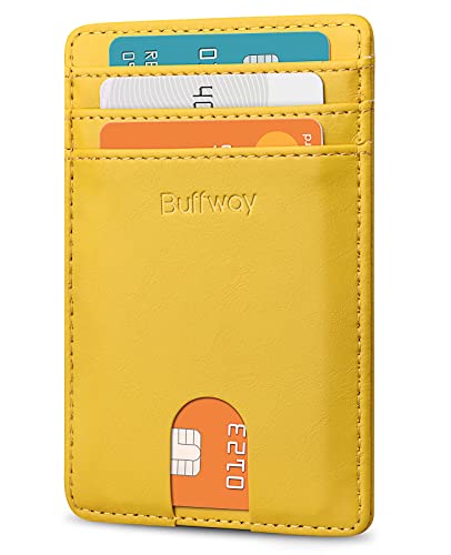 Buffway Mens Slim Wallet, Minimalist Thin Front Pocket Leather Credit Card Holder with RFID Blocking for Work Travel - Seattle Yellow