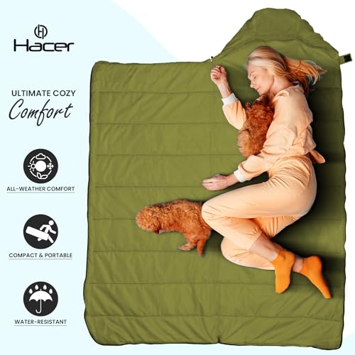 Image of Hacer HC-1500 3in1 Camping Sleeping Bag Open Comforter & Mattress +2 Degree Winter 210T Polyester Lining Hiking Trekking Bags for Baby, Adults Men & Women (7ft, Army Green & Black, 2C to +5C, 1.6kg)