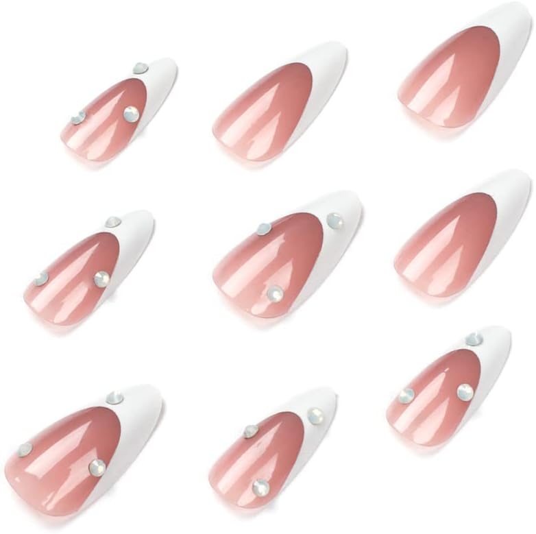 Brishow Coffin False Nails Rhinestone Press on Nails French Fake Nails Ballerina Acrylic Stick on Nails 24pcs for Women and Girls (a) - Image 3