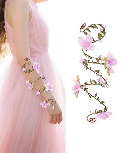 FRESHME Flower Arm Wrap - 1 PC Elf Bracelet Pink Fairy Outfit Renaissance Costume for Women Woodland Forest Mother Nature Costume Fantasy Renfaire Cosplay Prom Dress Up Accessories