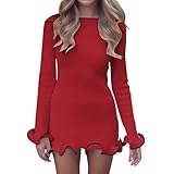 Womens Bodycon Sweater Dress Ruffle Hem Crew Neck Cable Knit Mini Dress Slimming Long Sleeve Frill Trim Dresses,Large,1-Red