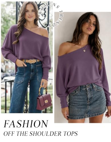 Image of Aifer Women's Off The Shoulder Tops Sexy Long Sleeve Shirts Oversized Fashion Casual Batwing Sweaters Pullover Tunic Tops
