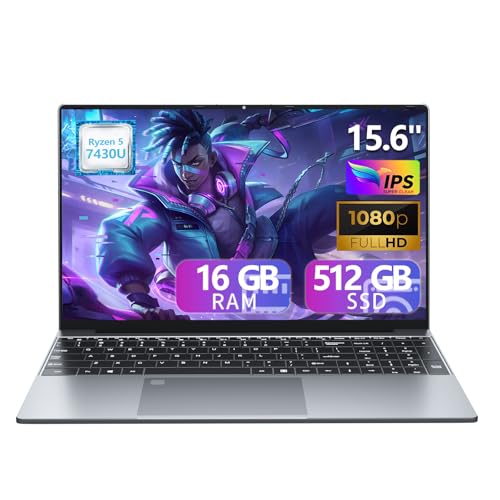 MOGIKK 15,6'' Ordenador Portátil Ryzen 5 7430U Procesador 16 GB RAM 512 GB SSD Win11 Laptop Full HD Gráficos Radeon Teclado Retroiluminado Desbloqueo de Huellas Dactilares WiFi 6.0 Tipo C