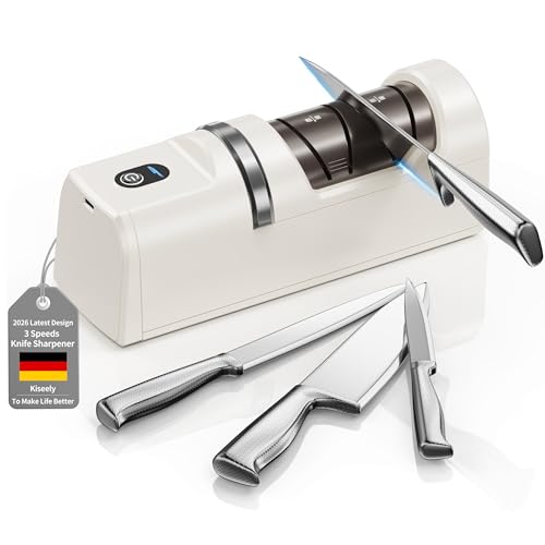 Elektrischer Messerschärfer 5-in-1 Messerschärfer mit 3-Geschwindigkeiten Einstellung wiederaufladbarer Diamantmesserscharfer für raue und feine Messerschärfe (Weiß)