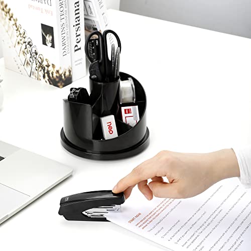 Deli Office Supplies Set, Desk Accessory Organizer Kit, Stapler Set, Rotating Multi-Functional Pen Holder, Tape Dispenser, Pens, Binder Clips, Sharpener, Scissor, Eraser, Black #TOP5