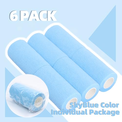 6-Pack Self Adhesive Bandage Wrap 4Inch x 5 Yards, Elastic Athletic Tape, Tattoo Grip Tape, Non Woven Medical Tape for First Aid, Sports, Wrist, Ankle, Vet Wrap for Pets (SkyBlue) - Thumbnail 2