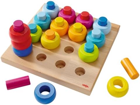 HABA Steckspiel Farbkringel - Motorikspielzeug aus Holz - Farben Lernen | Buntes Sortierspiel ab 2 Jahren zur Förderung der Feinmotorik - 32-teiliges Stapelspiel aus robustem Buche