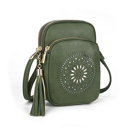 GLITZALL Mala cruzada, pequena bolsa de ombro com vários bolsos, bolsa de borla oca, bolsa de telefone para mulher na moda, Mais verde