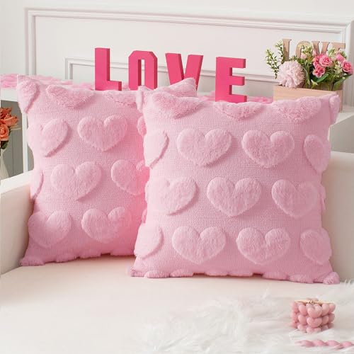 Kevin Textile Heart Love Cute Decorative Throw Pillow Covers 18x18 Inch Set of 2 Soft Faux Fur Pillow Covers for Valentine's Day Gifts Fluffy Plush Pillow Case for Couch Cushion Livingroom Pink