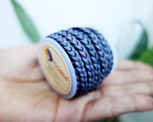 Cords Craft, 5Mm 3 Ply Flat Braided Genuine Leather Cord, Braided Leather Cord, Leather Cord, Flat Cords, Denim Color, Hand Braided, Roll Of 5 Meters #TOP5