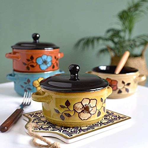 ERoomQ Pasta Bowls Bowls Bowl Creative Personality Small Bowl with Lid Rice Dessert Bowl Retro Binaural Ceramic Soup Bowl Hand-Painted Tableware Salad Bowls,