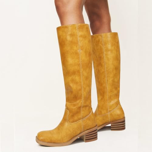 Womens Banana Knee High Boots Square Toe Comfortable Campus Boots Block Heel Riding Boots Wide Calf Long Tall Boots4