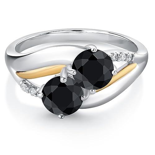925 Sterling Silver and 10K Yellow Gold Black Sapphire and White Lab Grown Diamond 2 Stone Engagement Ring For Women (1.42 Cttw, Round 5MM, September Birthstone, Available In Size 5, 6, 7, 8, 9)2