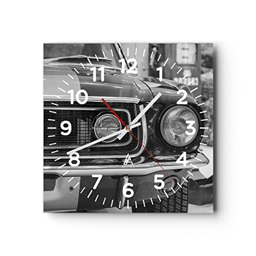 Horloge Murale Design Moderne Ford Mustang Mach 30x30cm Petit Pendule Murale en Verre Cuisine Salon Chambre Silencieuse Originale Wall Clock Décoration Murale Art Wall...