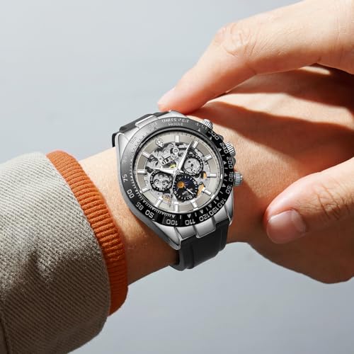 Image of OLEVS Self Winding Watches for Men Automatic Mechanical Skeleton Luxury Dress Waterproof Moon Phase Tourbillon Chronograph Stainless Steel Luminous Wristwatch