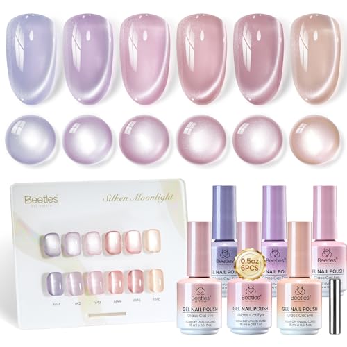 Image of Beetles Silken Moonlight Cat Eye Gel Nail Polish Set - 6 Colors 15ML Full Size Purple Pink Nude Cat Eye Gel Polish Kit Glitter Magnetic Effect Soak Off UV Nail Art DIY at Home Manicure for Women