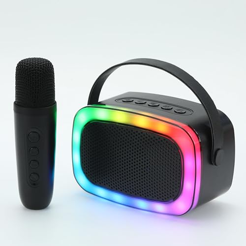 IQ Sound IQ-908K Mini Karaoke Bluetooth Speaker with Wireless Microphone, RGB Lights Surround, Fun Voice Changing in Rechargeable Compact, and Portable Design Ideal Gifts for Kids and Adults (Black)