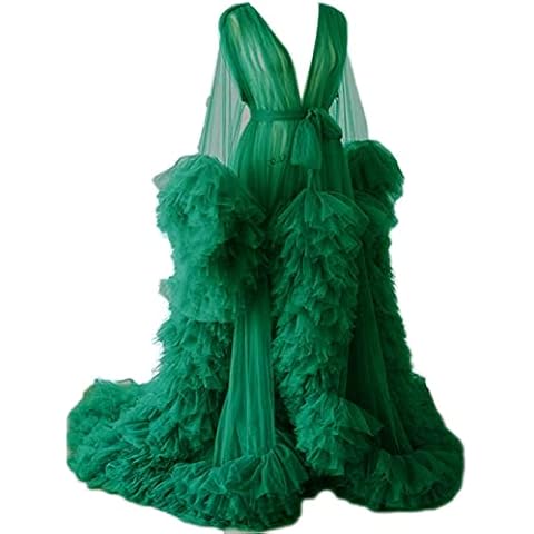 Sheer Maternity Photoshoot Dressing Gown Women's Tulle Robe Puffy Bridal Lingerie Bath Dress Dark Green 3XL Cover