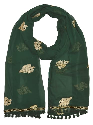 Image of YOUTHQUAKE Golden Patti Embroidered Work Chiffon Dupatta for Womens & Girls with Jaalar Lace